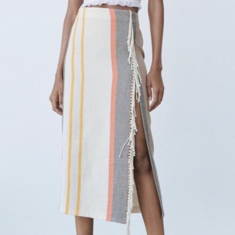 Zara Womens Fringe Midi Skirt L Multi-Color Striped 8155/018 NWT